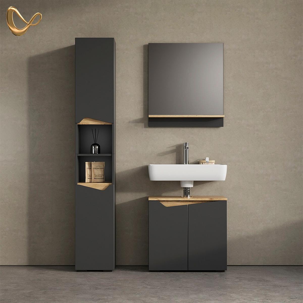 BADSPIEGEL Timavo Anthrazit 60 x 67 cm mit Regal - Anthrazit, Holzwerkstoff (60/67/14cm) - Livinity®