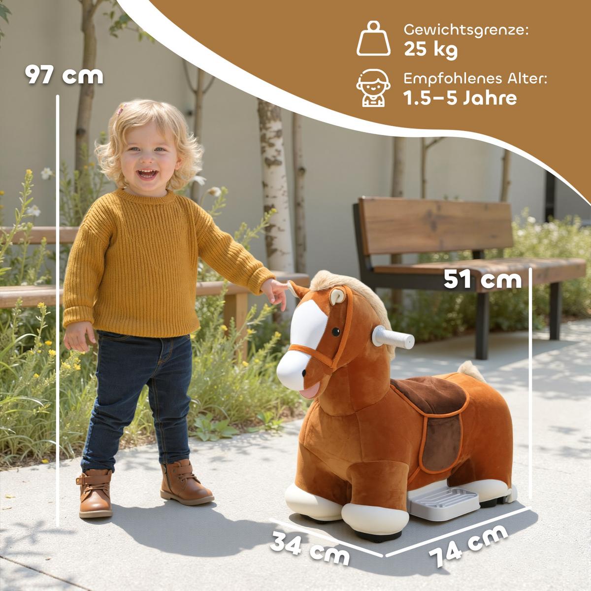 KINDER Elektroauto in Pferdform, 6V Kinderfahrzeug mit Musik, Fußpedal Braun - Braun, Textil (74/34/51cm) - AIYAPLAY