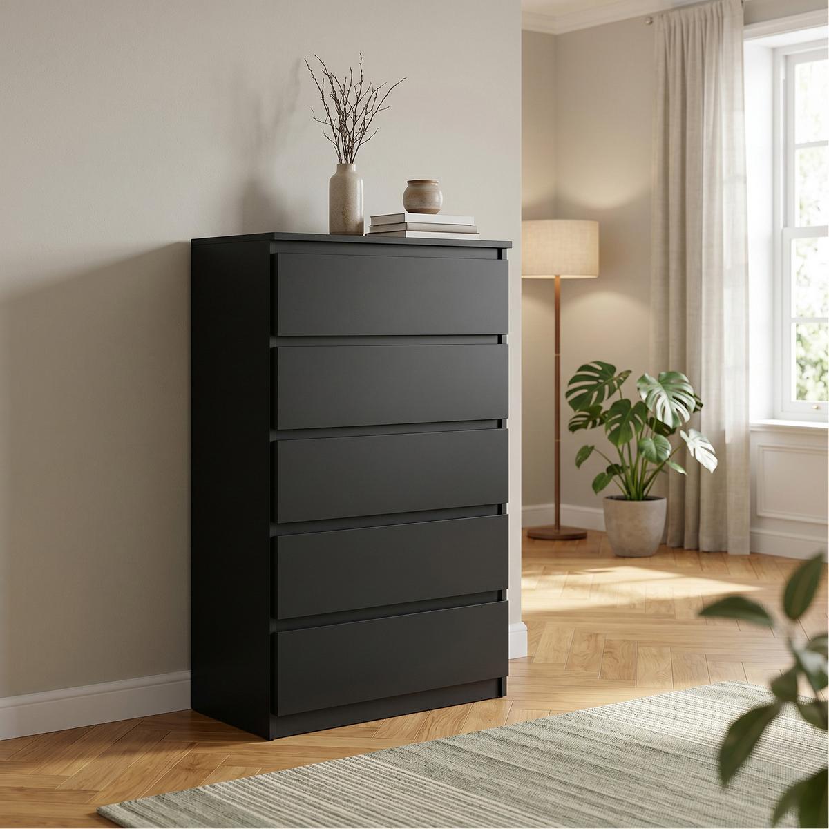 KOMMODE NUDO 70/124,5/39cm mit 5 Schubladen Türen Schwarz - Schwarz, Holzwerkstoff (70/124.5/39cm) - MASSENO