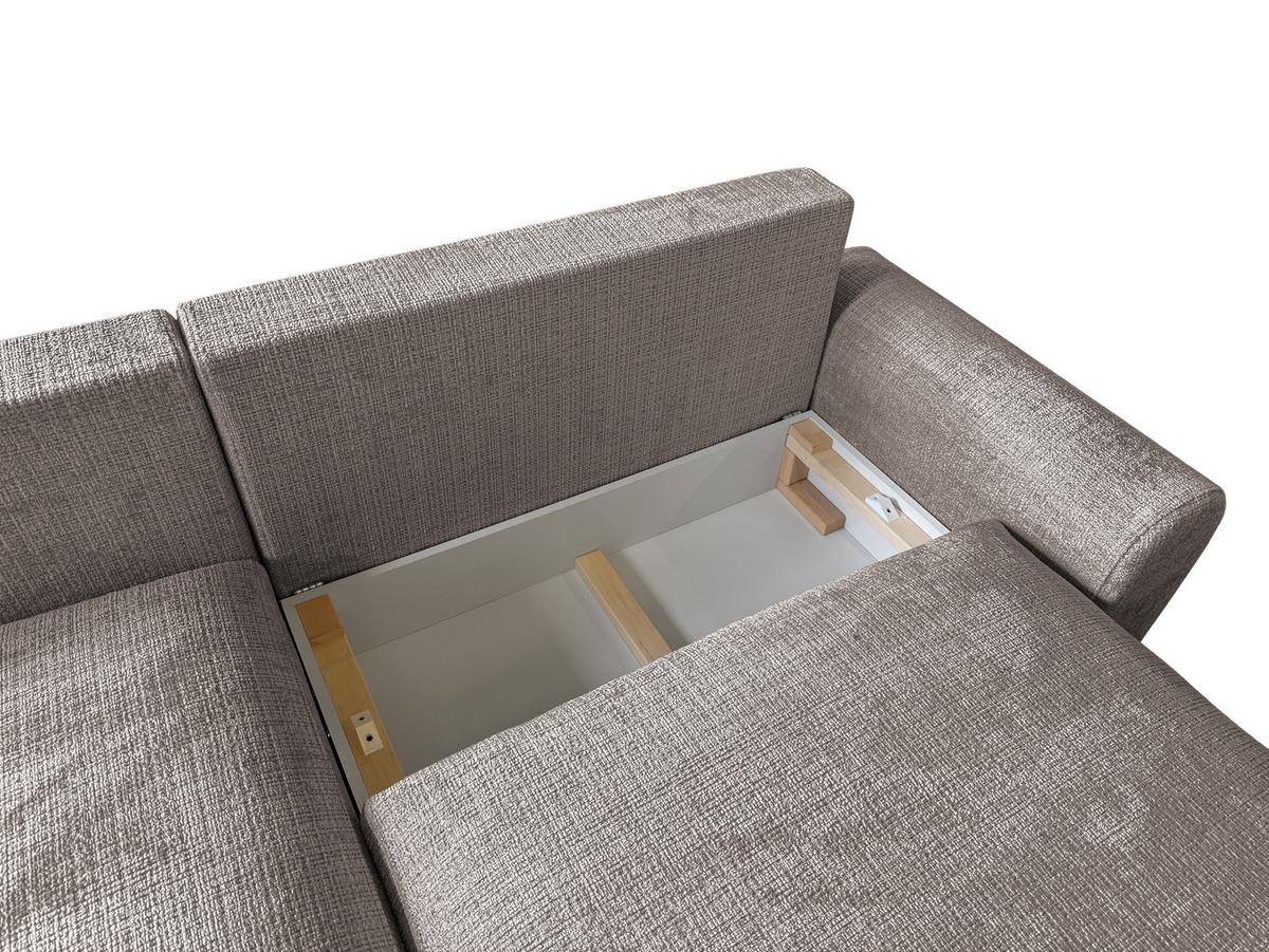 ECKSOFA Melvano mit Schlaffunktion und Bettkasten im Japandi-Stil aus weichem Taupe Chenille-Stoff - Taupe/Schwarz, Holz/Kunststoff (145/240cm) - S-Style