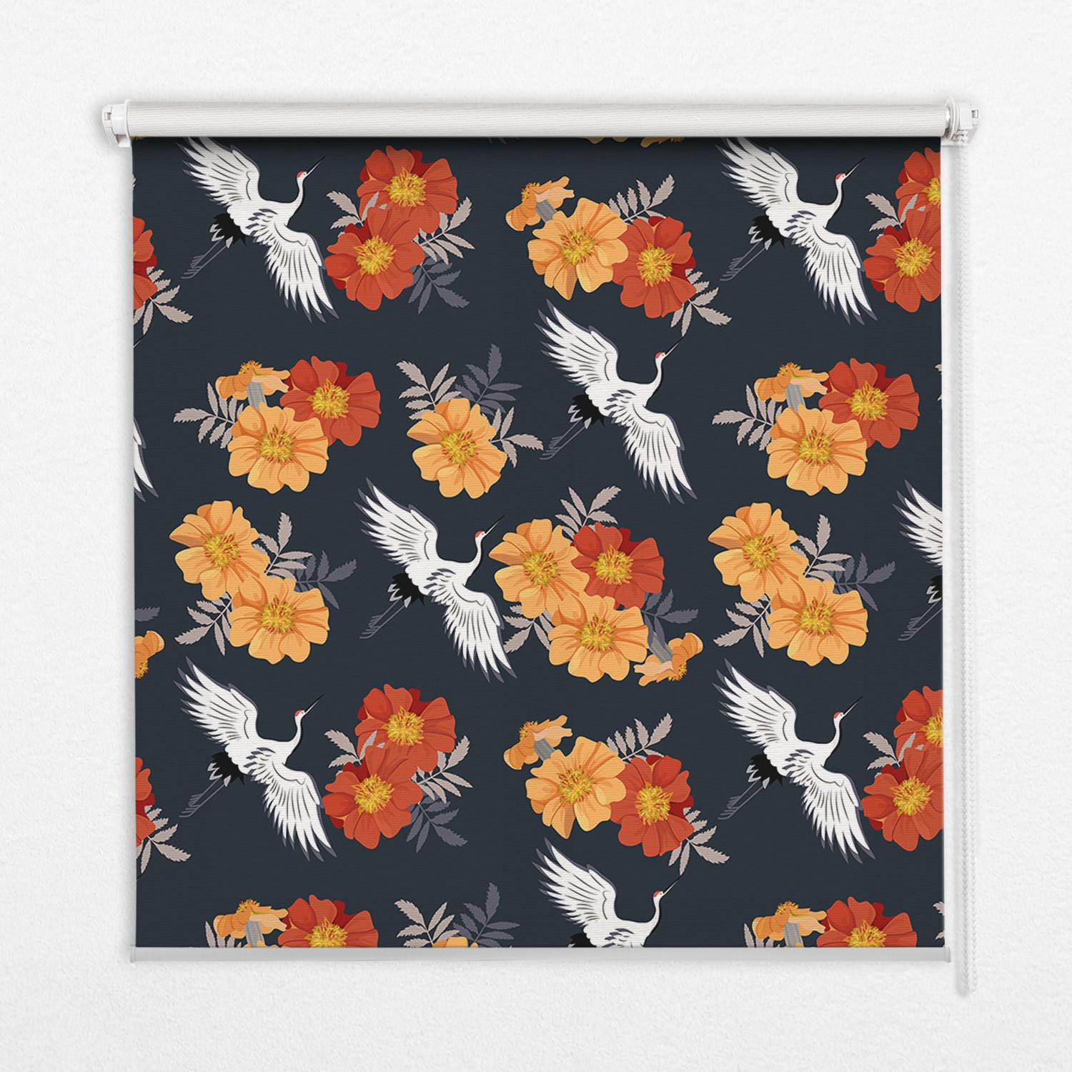 INNENROLLO - Fensterrollo - Rollo - 150x140 cm - Blumen und Kraniche - Dunkelblau, Kunststoff (150/140/0.5cm) - TULUP