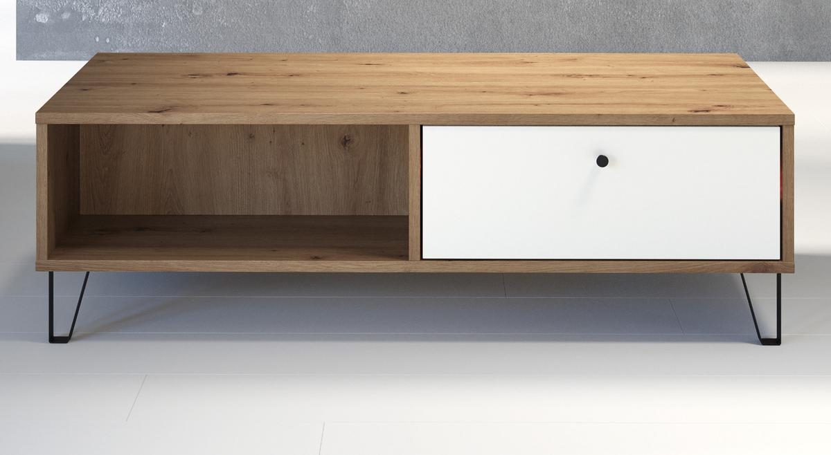 COUCHTISCH weiß matt, Eiche Artisan 110 cm, Beistelltisch mit 2 x Schubkasten - Eichefarben/Schwarz, Holzwerkstoff/Kunststoff (60/110/37cm) - Top.Furn