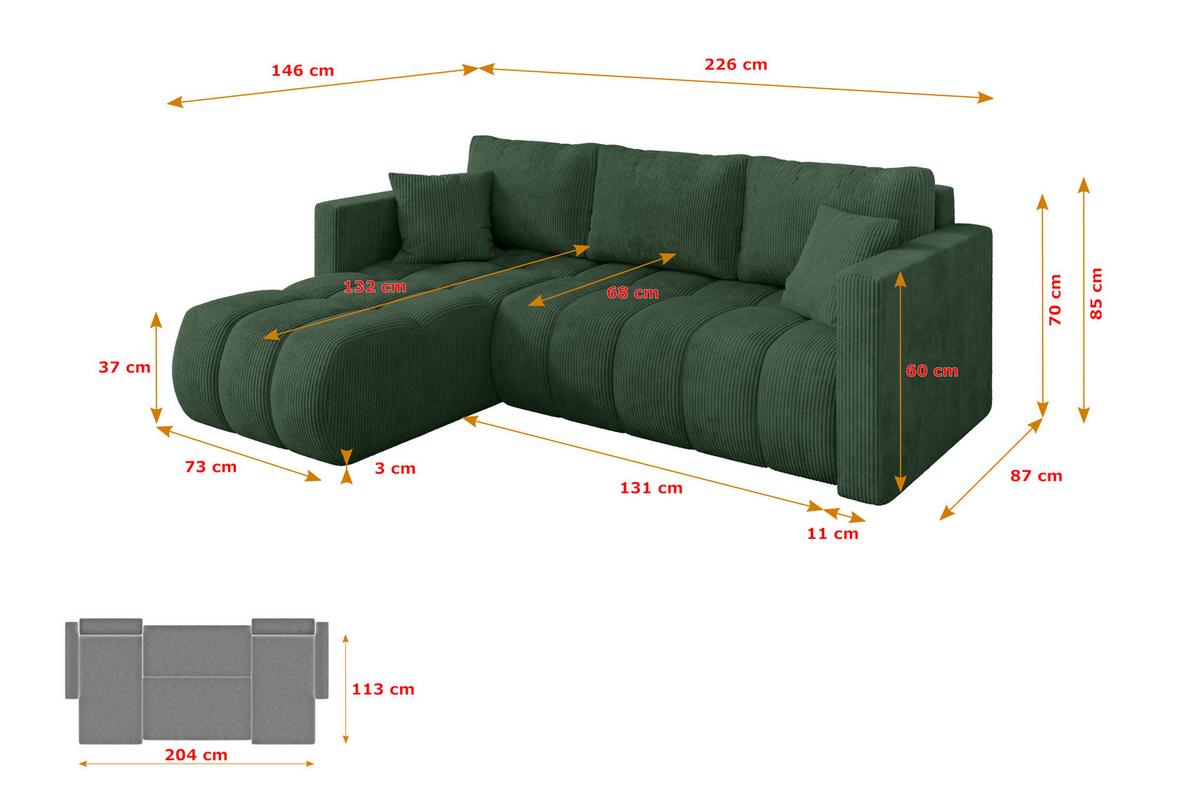 ECKSOFA mit Schlaffunktion Ottomane Links GARD-L 226x146x85 Grün Cord - Dunkelgrün/Schwarz, Holzwerkstoff/Kunststoff (226/146cm) - ALTDECOR