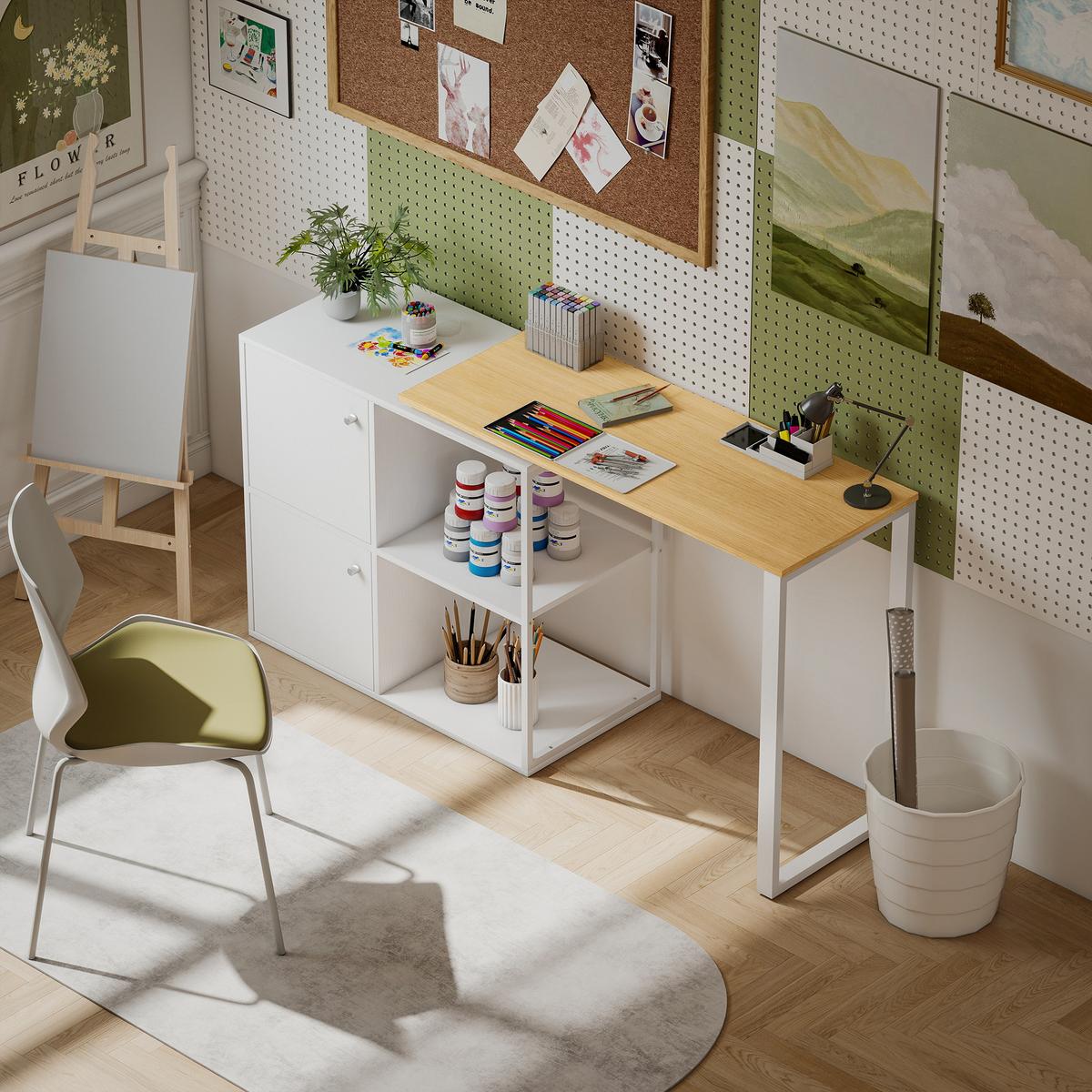 SCHREIBTISCH L-förmig 360° drehbar Eckschreibtisch mit Schränken Regalen Weiß - Silberfarben/Weiß, Holzwerkstoff/Metall (150/40/75cm) - HOMCOM