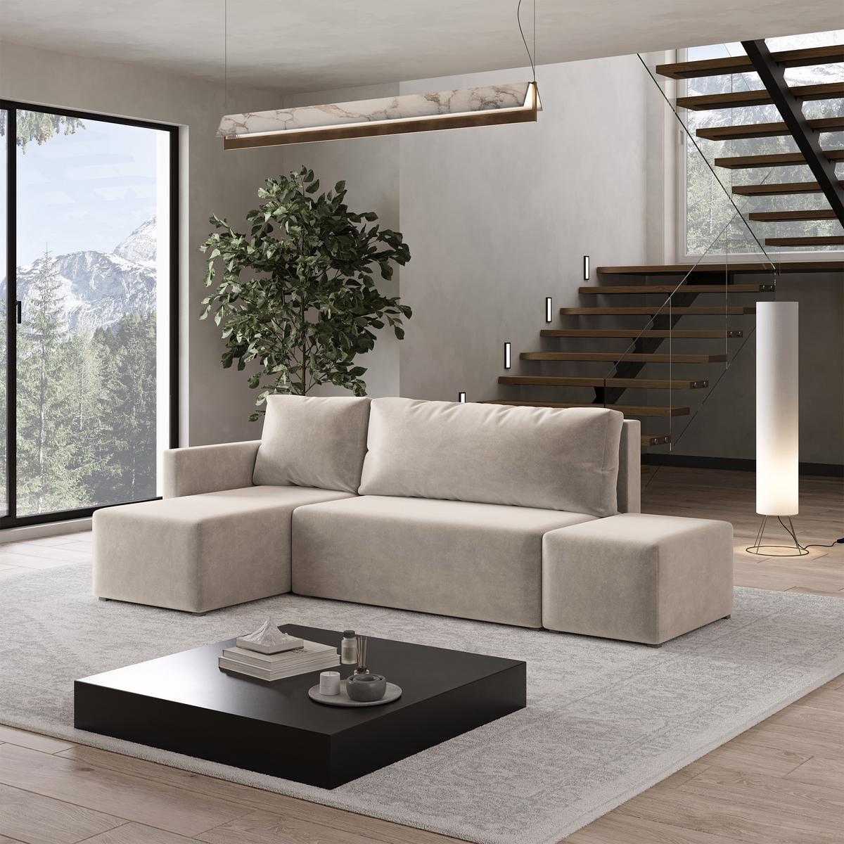 ECKSOFA VELOTTI L-S Beige Plüsch-Stoff mit Schlaffunktion - Beige, Holz (261/143cm) - MASSENO