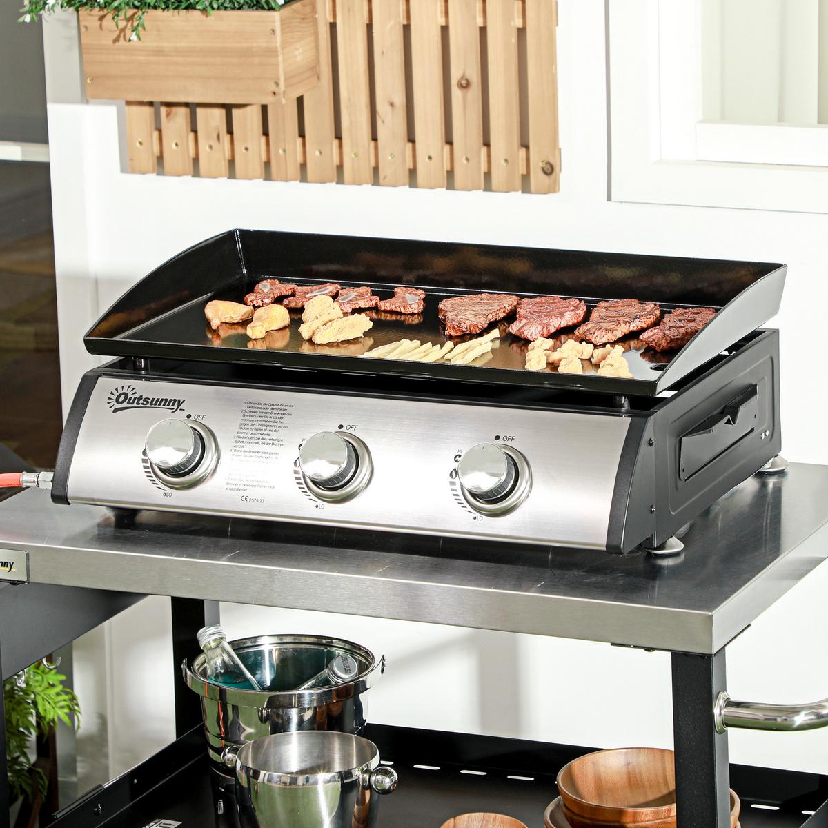 GASGRILL BBQ mit 3 Brennern, Edelstahl, Metall, Schwarz, 63 x 47 x 25 cm - Schwarz, Metall (47/25/63cm) - Outsunny