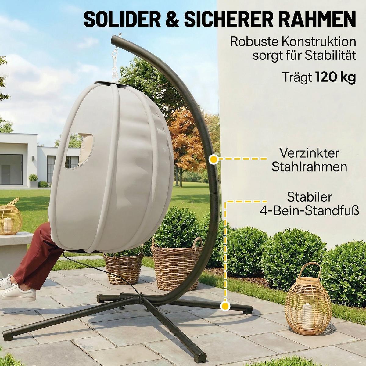 HÄNGESESSEL Verzinkter-Stahl Polyester Hellgrau - Hellgrau, Textil/Metall (95/180/117cm) - Outsunny