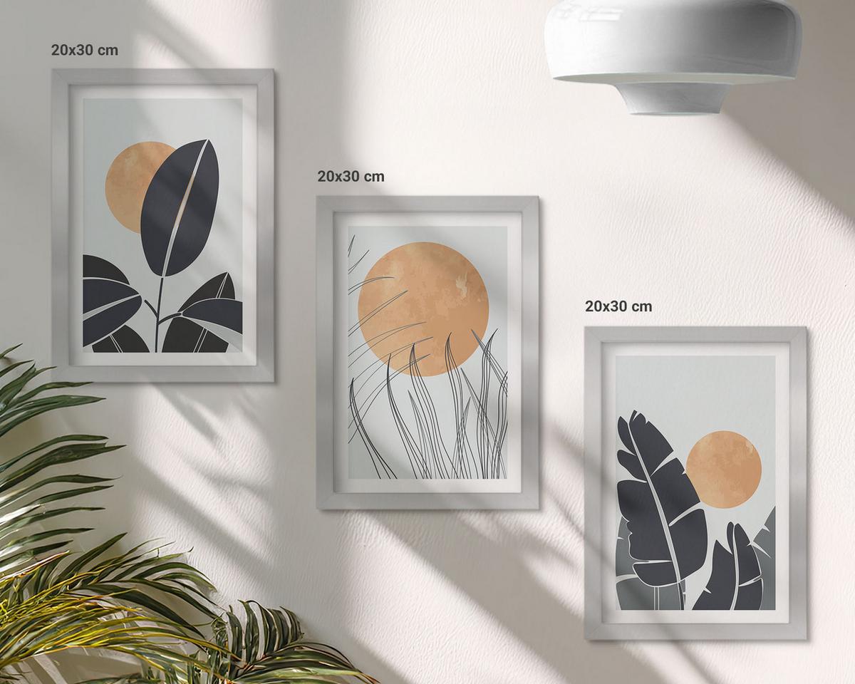 BILDER SET 3er Set - 20x30 cm Silberner Rahmen - Pflanzenmuster große Sonnen minimalistisch - Silberfarben, Kunststoff (20/30cm) - TULUP