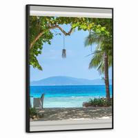 LEINWAND Bilder mit Rahmen - Aussicht - Baum - Meer - Palme - Hügel - Strand - Blau - 60x80 - Blau, Textil (60/80cm) - MuchoWow