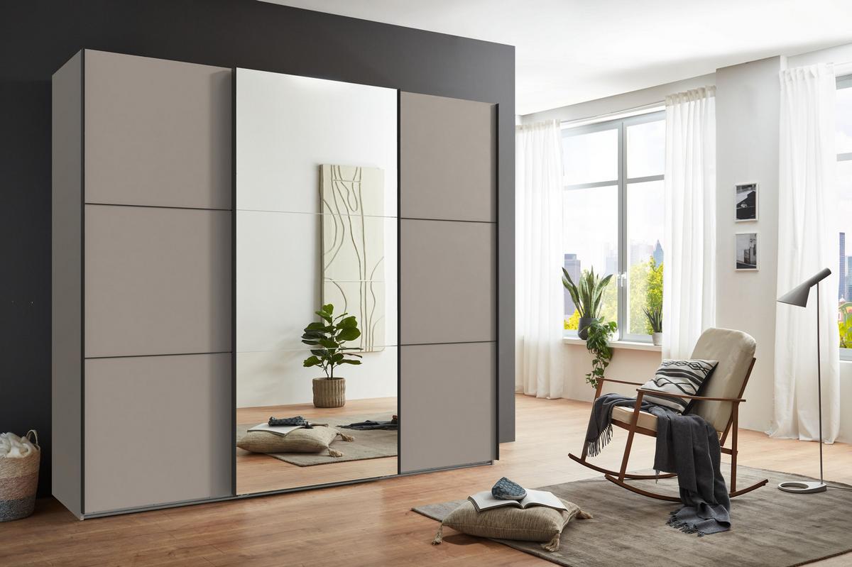 SCHWEBETÜRENSCHRANK 3-türig B250/H216/T65 cm in Sandgrau, eine Spiegeltür, Kleiderschrank inkl. Vollausstattung / 22014 - Sandfarben/Rot, Holzwerkstoff/Metall (250/216/65cm) - luma-home