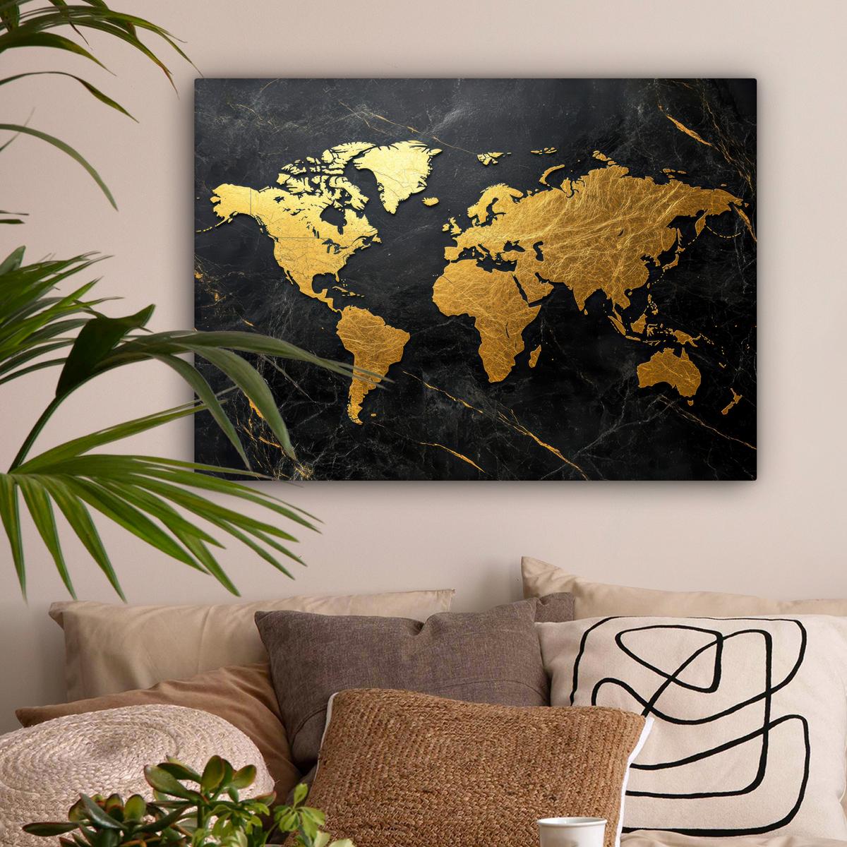 LEINWANDBILD Weltkarte - Gold - Marmor Wandbilder 80x60 cm - Goldfarben, Textil (80/60cm) - MuchoWow