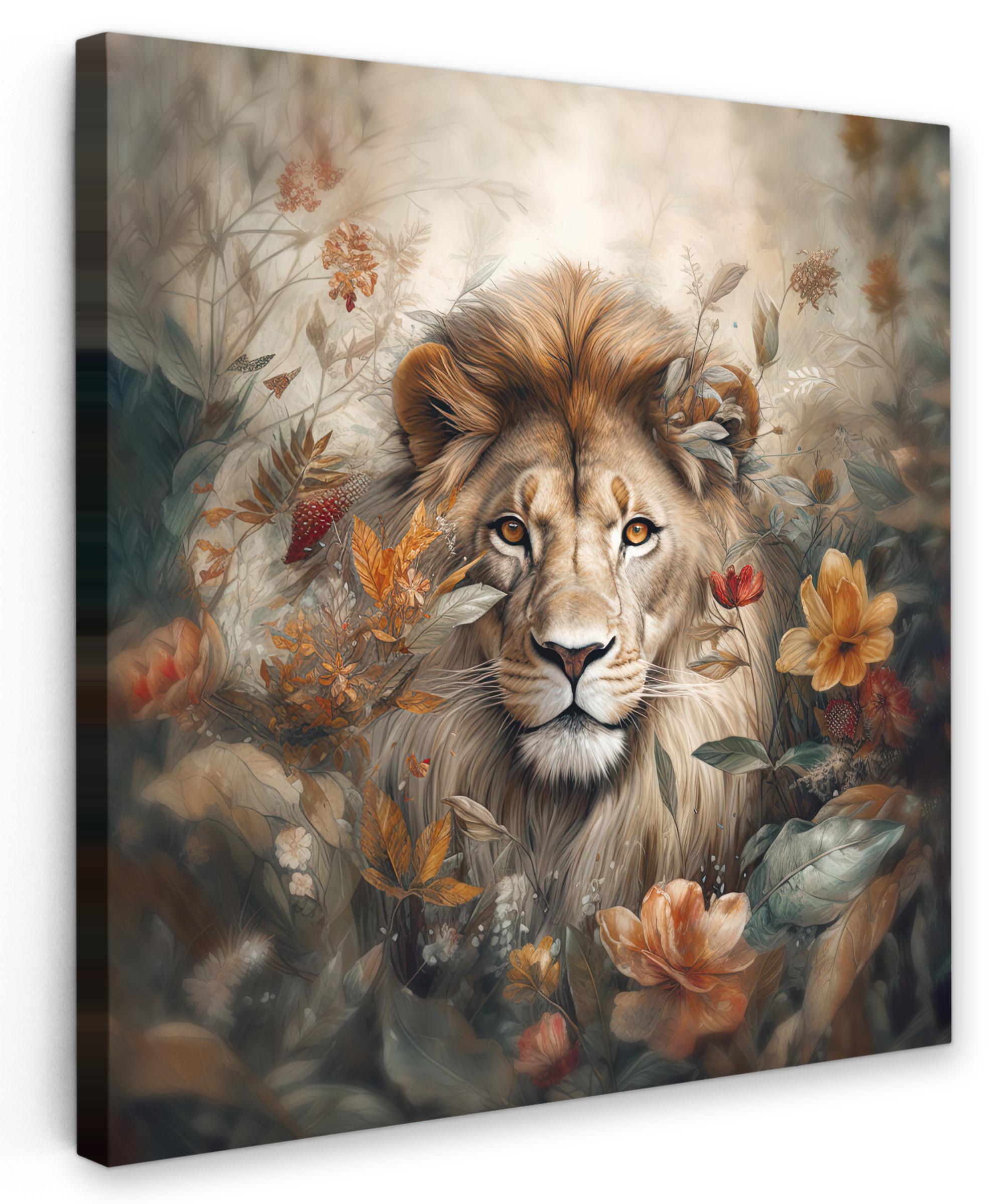 LEINWANDBILD Löwe - Wildtiere - Pflanzen - Natur - Blumen Wandbild Wohnzimmer 50x50 cm - Beige, Textil (50/50cm) - MuchoWow