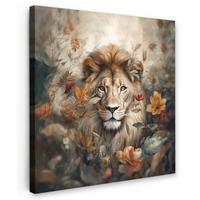 LEINWANDBILD Löwe - Wildtiere - Pflanzen - Natur - Blumen Wandbild Wohnzimmer 50x50 cm - Beige, Textil (50/50cm) - MuchoWow