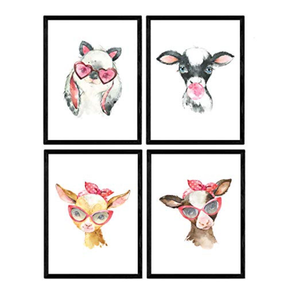 POSTER Set mit 4 Kuh und Kaninchen A3 Rahmenlos - Klar, Papier (29.7/3cm) - Nacnic