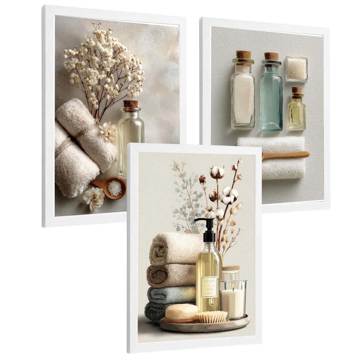 POSTER 3er-Set dekorative Badezimmer-Wandbilder und für Waschbecken, Dusche, WC mit Flaschen, Badesalz und Handtüchern, Naturstil Weißer Rahmen A4 - Weiß, Papier (29.7/21/3cm) - Nacnic