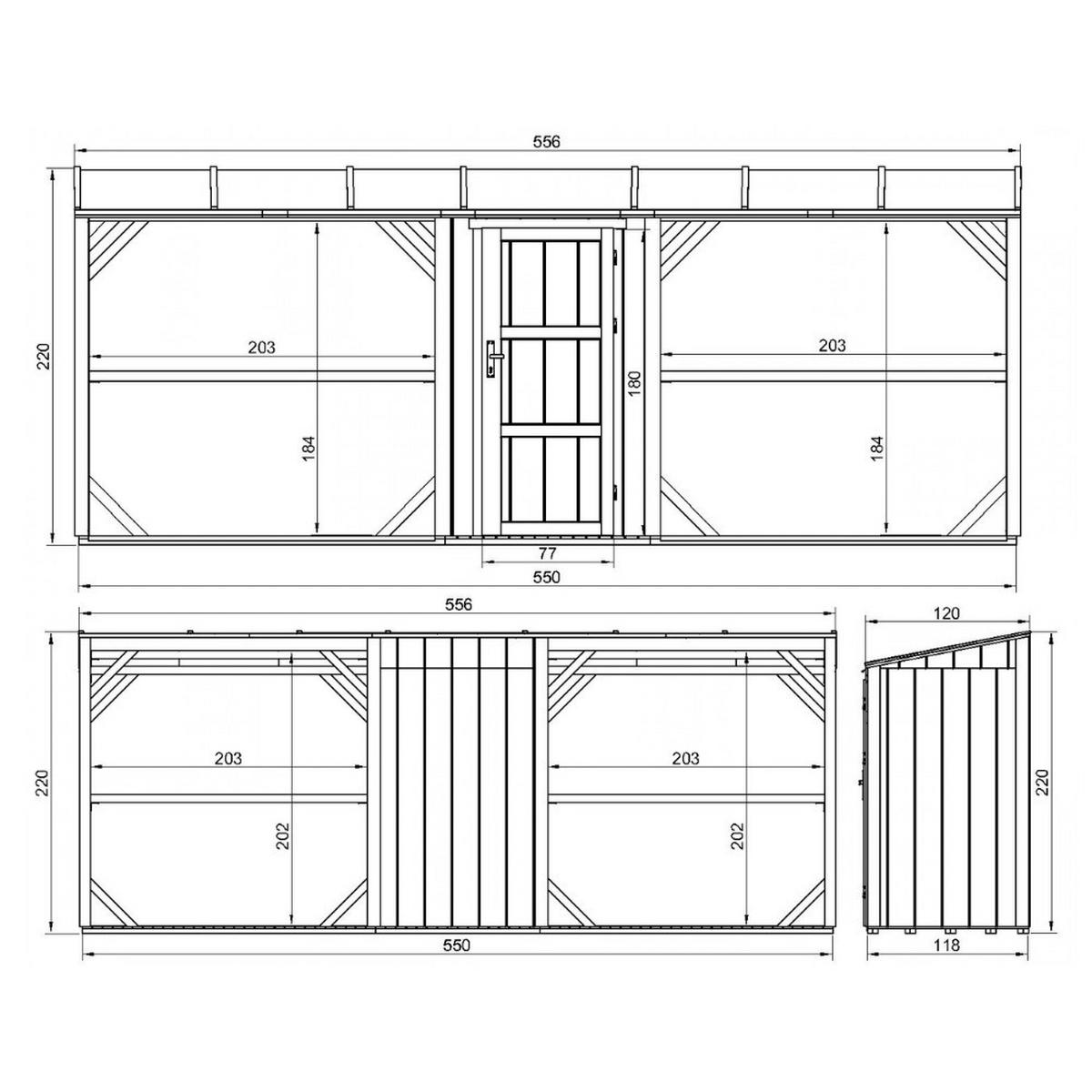 BRENNHOLZLAGER doppelt mit Geräteraum 6,49 m², zwei Brennholzbereiche mit insgesamt ~8,8 m³ Fassungsvermögen - Braun, Holz (118/220/550cm) - Timbela