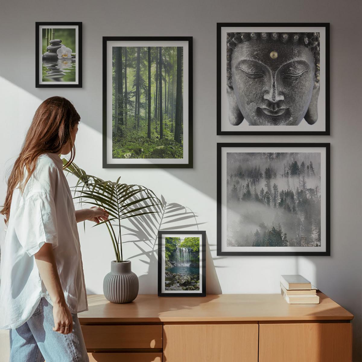 BILDER SET 5er Set - 50x50 cm & 20x30 cm & 40x60 cm Schwarzer Rahmen - Harmonie der Natur, Steine, Wasser, Buddha - Schwarz, Kunststoff (40/60cm) - TULUP