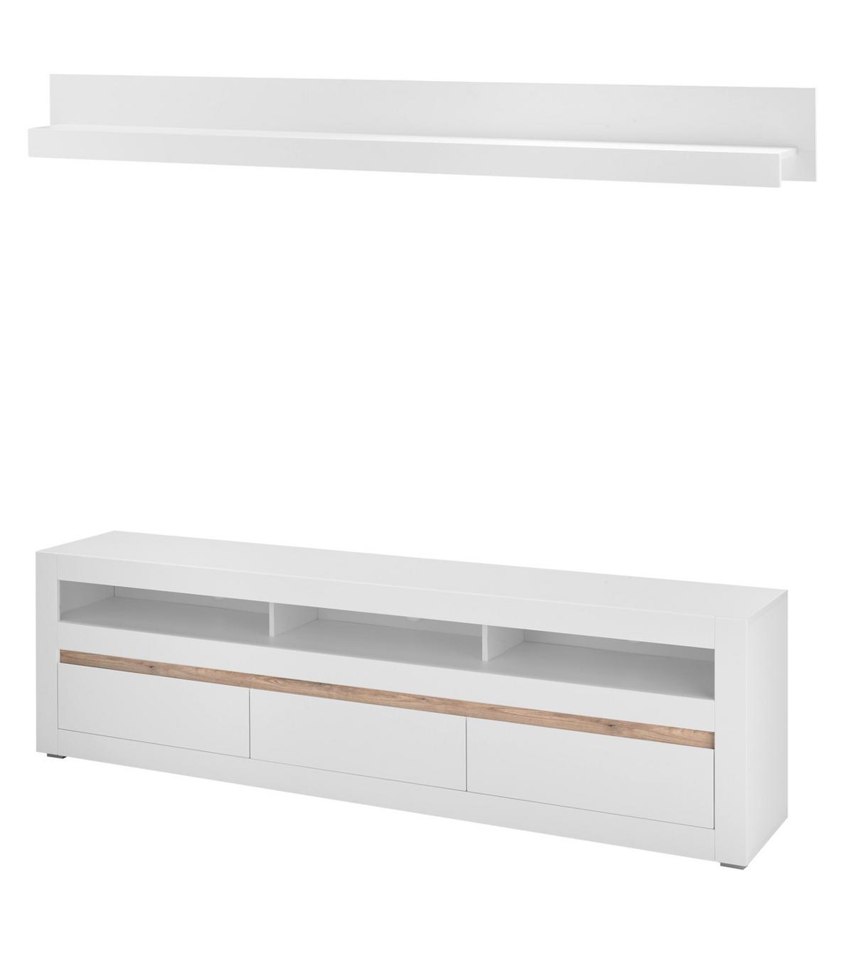 WOHNWAND weiß matt, Evoke Eiche, Wohnkombination 3-teilig, Soft-Close-Funktion - Eichefarben/Silberfarben, Holz/Holzwerkstoff (312/198/42cm) - Furn.Design
