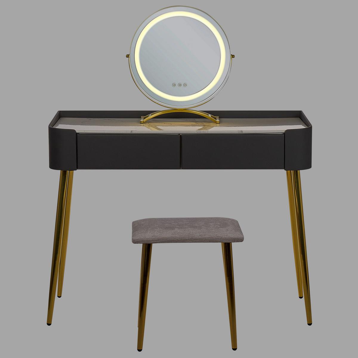 SCHMINKTISCH mit rundem LED-Spiegel Hocker 2 Schubladen grau/gold Surin - Goldfarben/Weiß, Holzwerkstoff (100/133/41cm) - Beliani