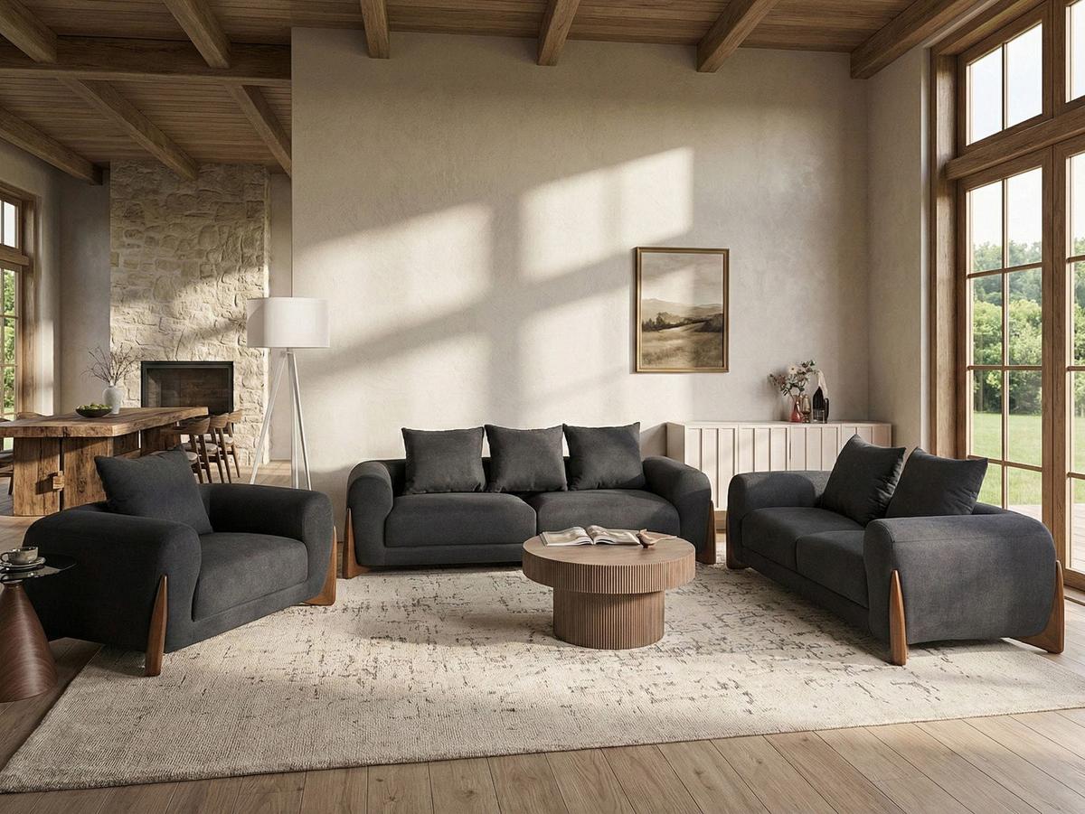 SOFA-SET 6-Sitzer Schwarz Vinliden - Schwarz/Braun, Textil (217/82/87cm) - Beliani