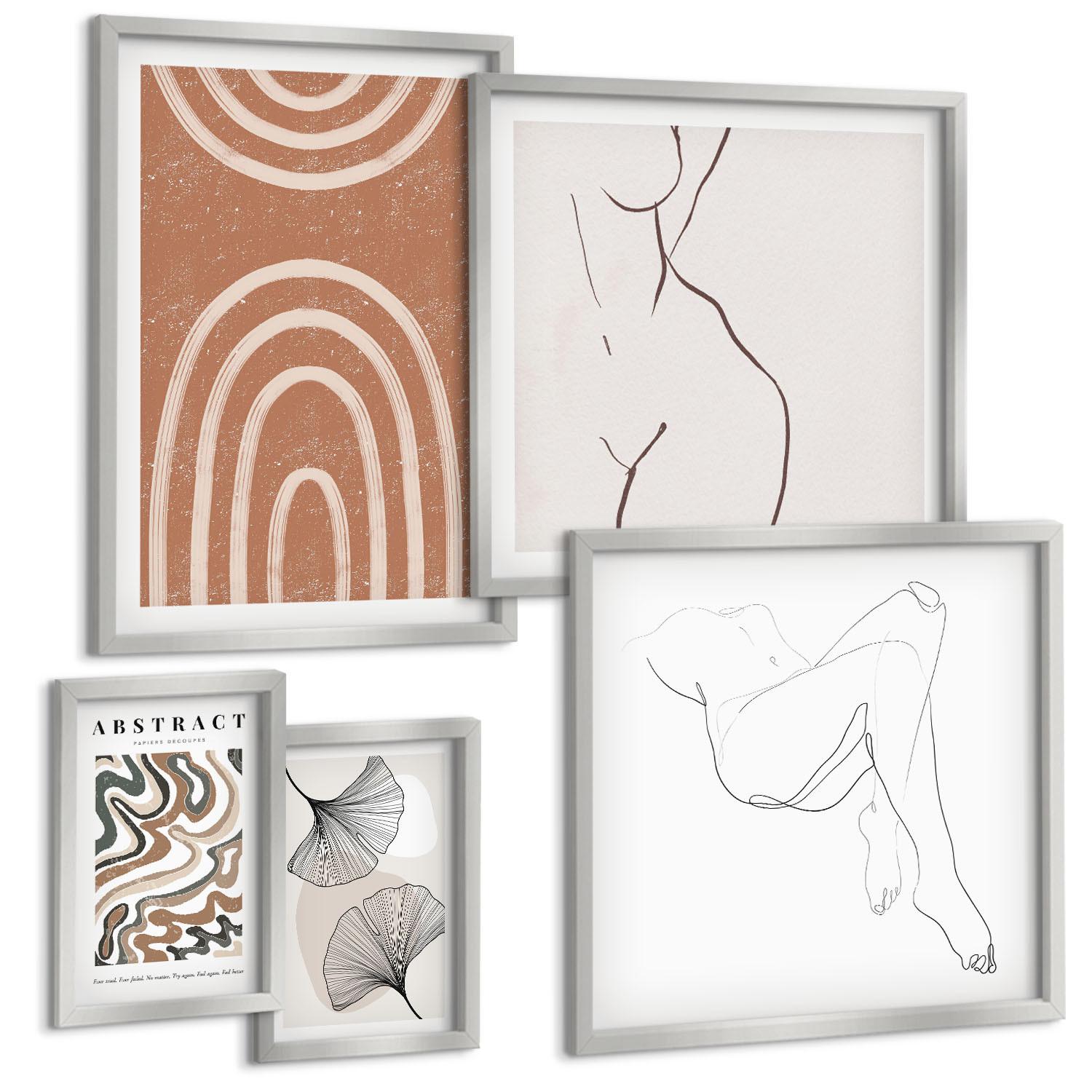 BILDER SET 5er Set - 50x50 cm & 20x30 cm & 40x60 cm Silberner Rahmen - Abstrakte Boho-Blattformen - Silberfarben, Kunststoff (40/60cm) - TULUP