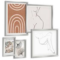 BILDER SET 5er Set - 50x50 cm & 20x30 cm & 40x60 cm Silberner Rahmen - Abstrakte Boho-Blattformen - Silberfarben, Kunststoff (40/60cm) - TULUP