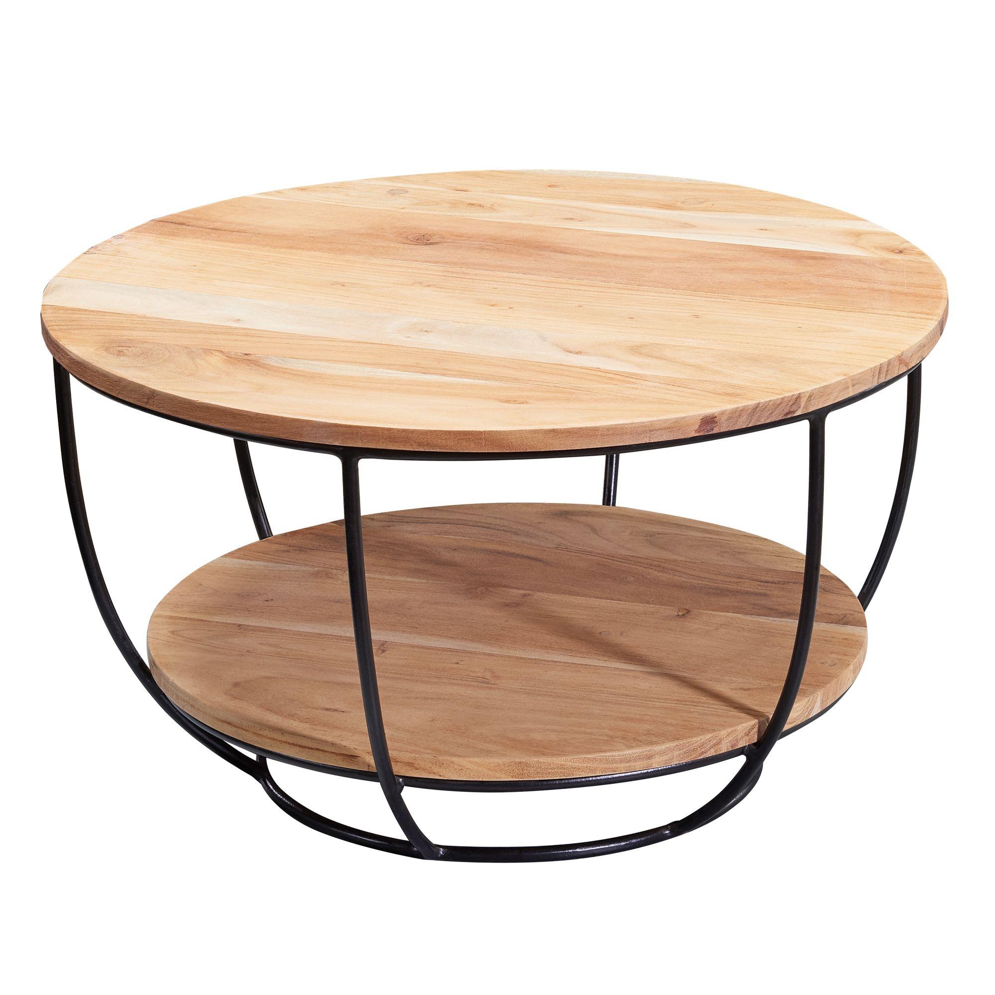 COUCHTISCH rund aus Akazie Massivholz und Metall, mit Ablage, Industrial-Stil, Braun - Schwarz/Akaziefarben, Holz/Metall (60/60/34cm) - KADIMA DESIGN