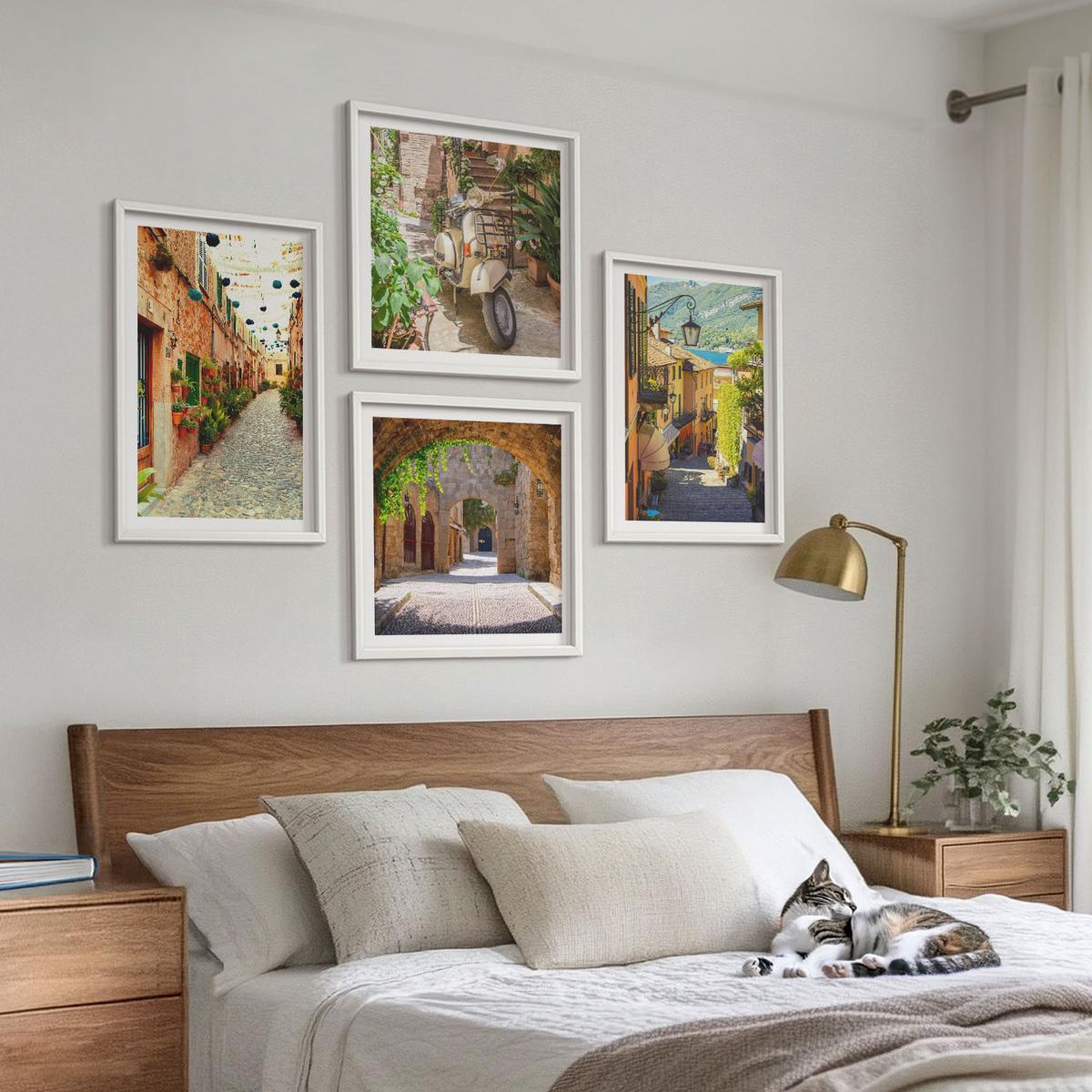 BILDER SET 4er Set - 50x50 cm & 40x60 cm Weißer Rahmen - Charmante Straßen und Pizza - Weiß, Kunststoff (50/50cm) - TULUP