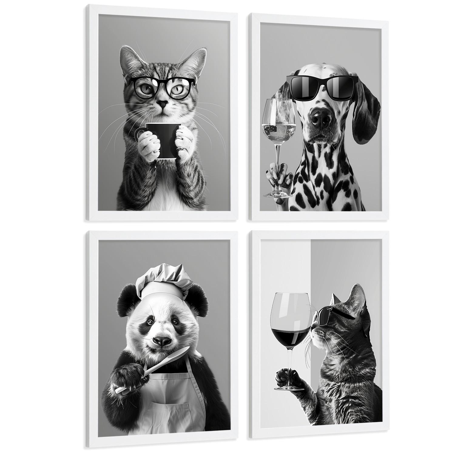 POSTER 4er Set Lustige Tiere mit Brille Wandbilder Katze Dalmatiner Panda Koch Schwarz Weiß Küche Deko Weißer Rahmen A3 - Weiß, Papier (29.7/1/42cm) - Nacnic