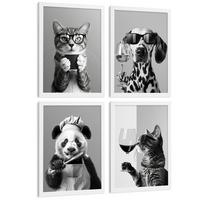 POSTER 4er Set Lustige Tiere mit Brille Wandbilder Katze Dalmatiner Panda Koch Schwarz Weiß Küche Deko Weißer Rahmen A3 - Weiß, Papier (29.7/1/42cm) - Nacnic