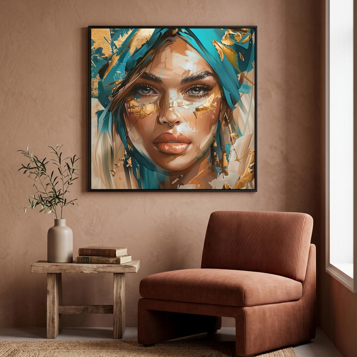 LEINWAND Bilder mit Rahmen - Frau - Porträt - Gold - Luxus - Blau - 90x90 - Türkis, Textil (90/90cm) - MuchoWow