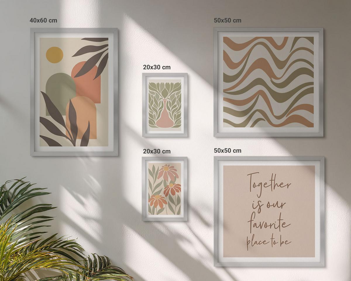 BILDER SET 5er Set - 50x50 cm & 20x30 cm & 40x60 cm Silberner Rahmen - Abstrakte Pastellblumen - Silberfarben, Kunststoff (40/60cm) - TULUP