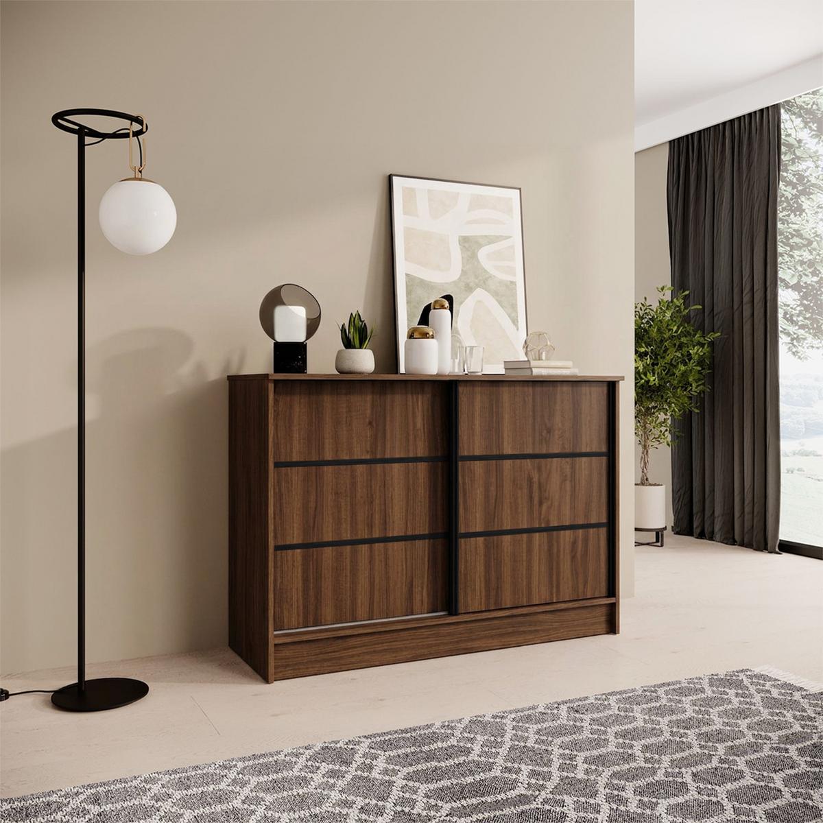 KOMMODE Mirela mit 2 Schiebetüren 120 cm, Walnuss+Schwarz - Walnussfarben/Schwarz, Holzwerkstoff (121/85/43.5cm) - Beautysofa