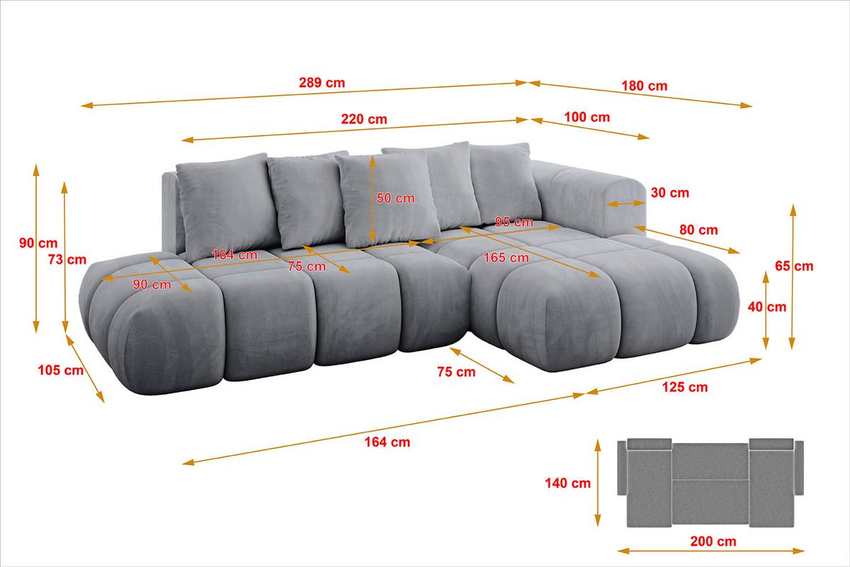 ECKSOFA Ottomane Rechts CLOUD-L-v1 280x185x90 Hellgrau Velours - Hellgrau, Holzwerkstoff/Kunststoff (185/280cm) - ALTDECOR