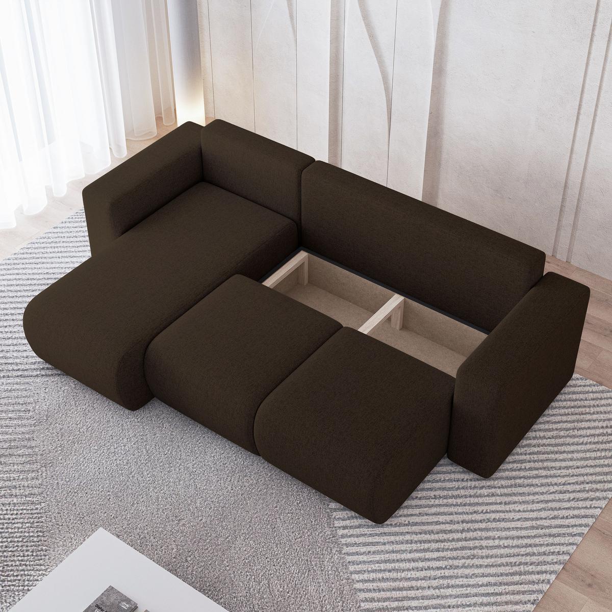 ECKSOFA RINOVA Braun Geflochtener Stoff mit Schlaffunktion - Dunkelbraun, Holz (250/143cm) - MASSENO