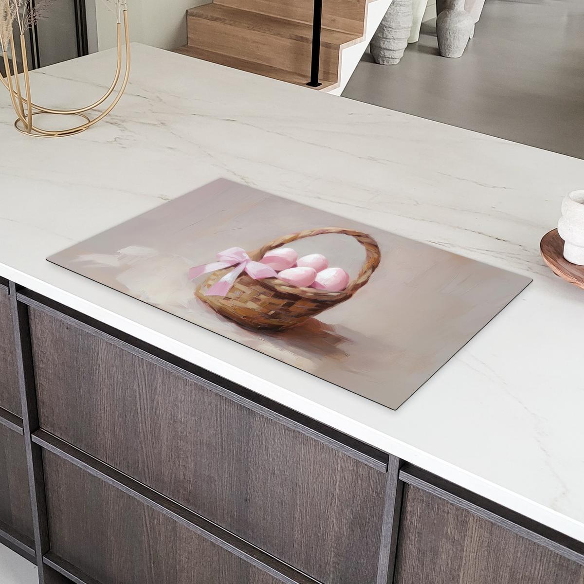 HERDABDECKPLATTE Korb - Eier - Rosa Ceranfeldabdeckung 90x52 cm - Beige, Kunststoff (90/52/0.2cm) - MuchoWow