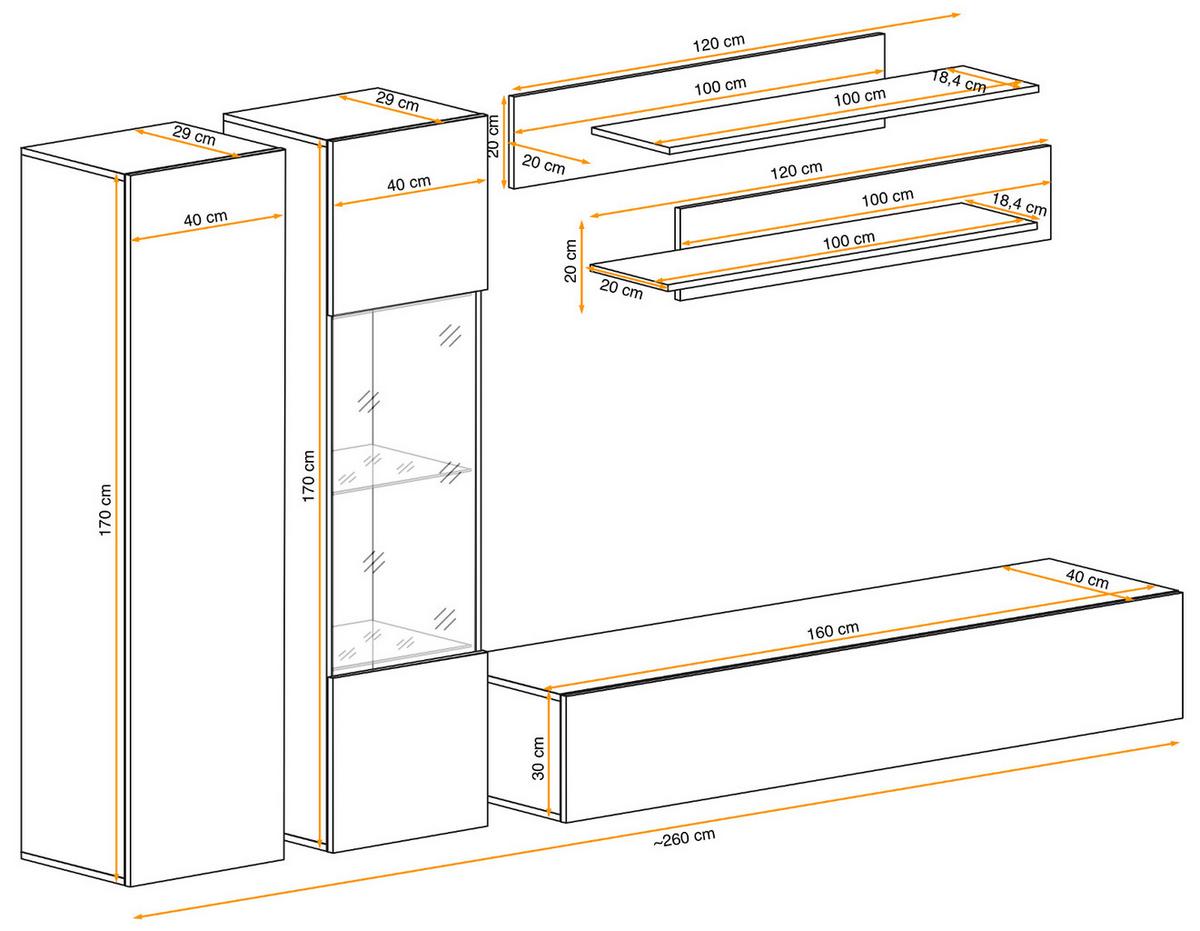 WOHNWAND Eiche Jackson 260 cm 5-teilig hängend, Anbauwand mit LED-Beleuchtung - Eichefarben, Glas/Holzwerkstoff (260/170/40cm) - Inn.Furn