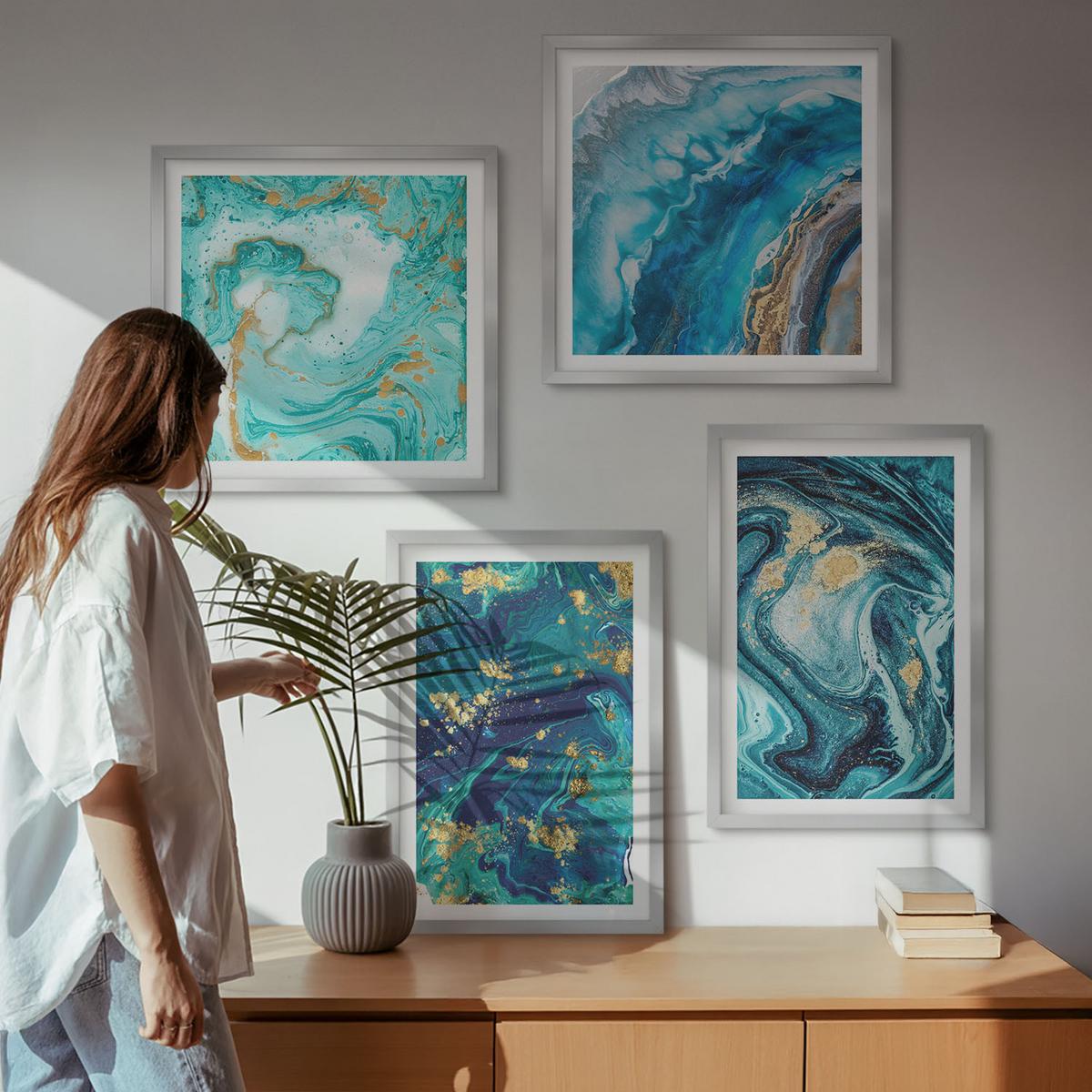 BILDER SET 4er Set - 50x50 cm & 40x60 cm Silberner Rahmen - Abstraktionen dekorativer Malerei - Silberfarben, Kunststoff (50/50cm) - TULUP