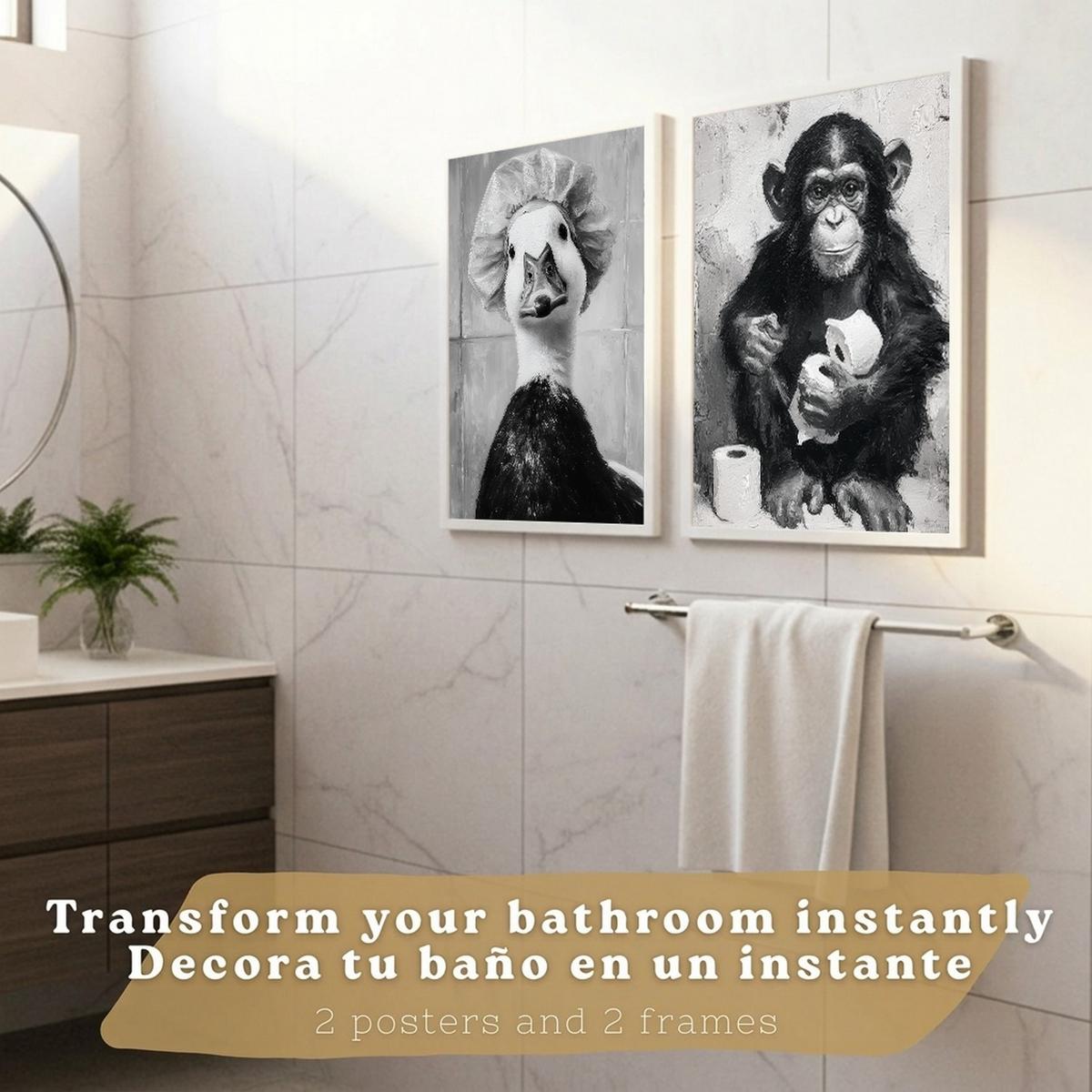 POSTER 2er-Set lustige Tiermotive in Schwarz-Weiß fürs Badezimmer, witzige für Toilette, Bad und Waschbecken, minimalistischer Stil Weißer Rahmen A4 - Weiß, Papier (29.7/21/3cm) - Nacnic