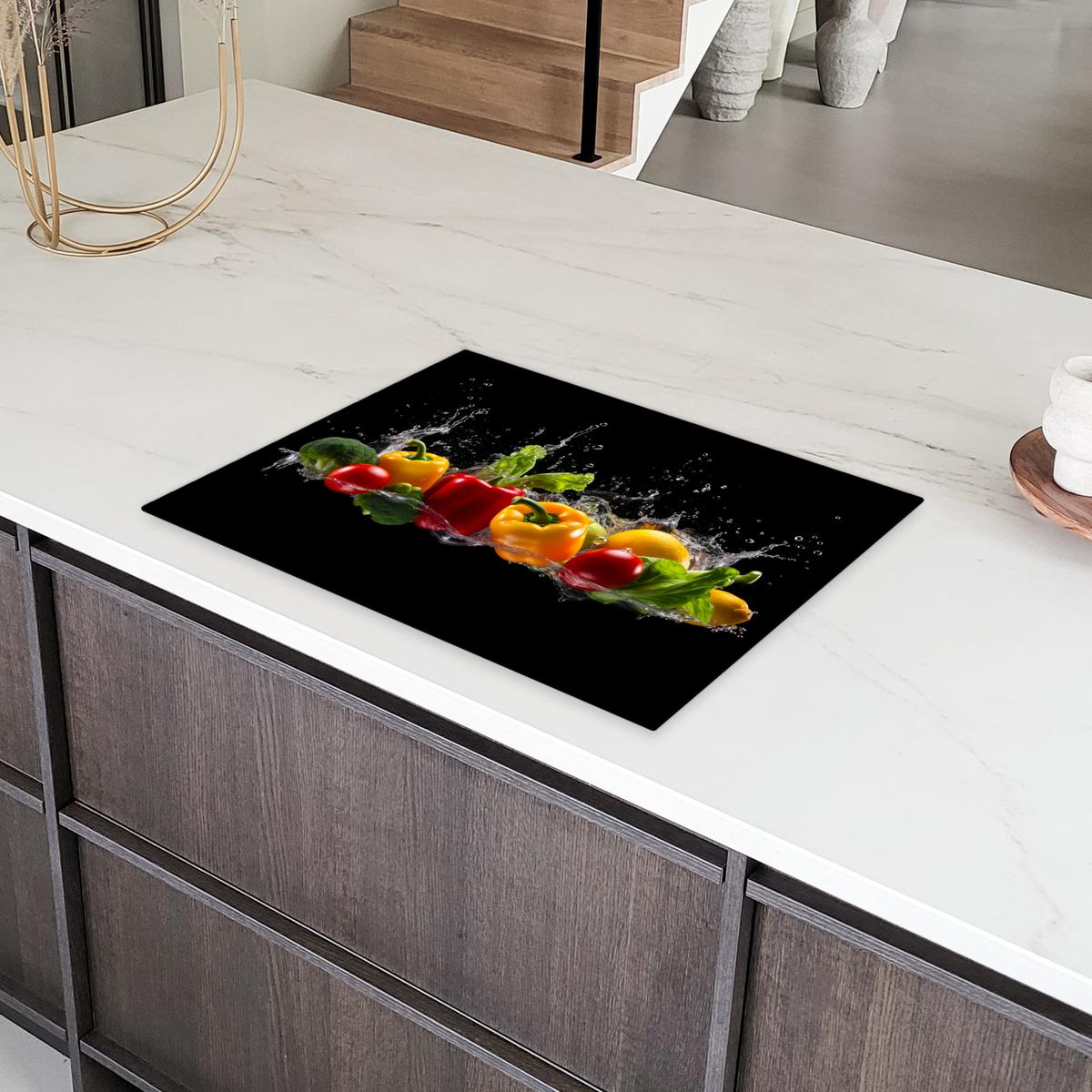 HERDABDECKPLATTE Paprika - Wasser - Gemüse - Schwarz Induktionsmatte 71x52 cm - Multicolor, Kunststoff (71/52/0.2cm) - MuchoWow