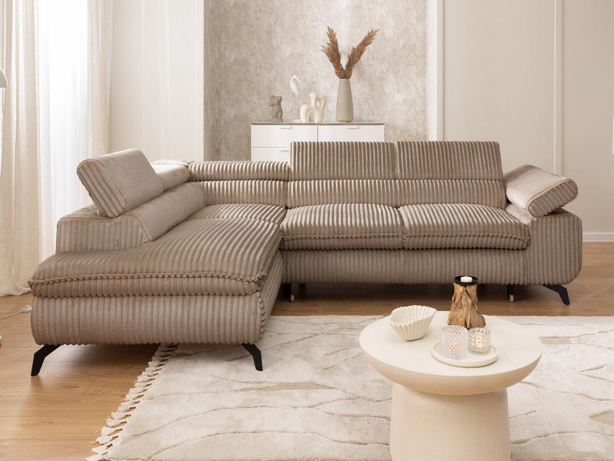 ECKSOFA mit Schlaffunktion und Bettkasten Bonnie aus Beige Cord-Stoff mit verstellbaren Kopfstützen und Armlehne - Ottomane links - Beige/Schwarz, Holz/Textil (275/210cm) - S-Style Möbel