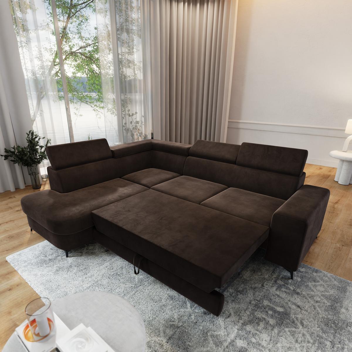 ECKSOFA ALVORO L-S Braun Velours-Stoff mit Schlaffunktion - Braun, Holz (253/190cm) - MASSENO