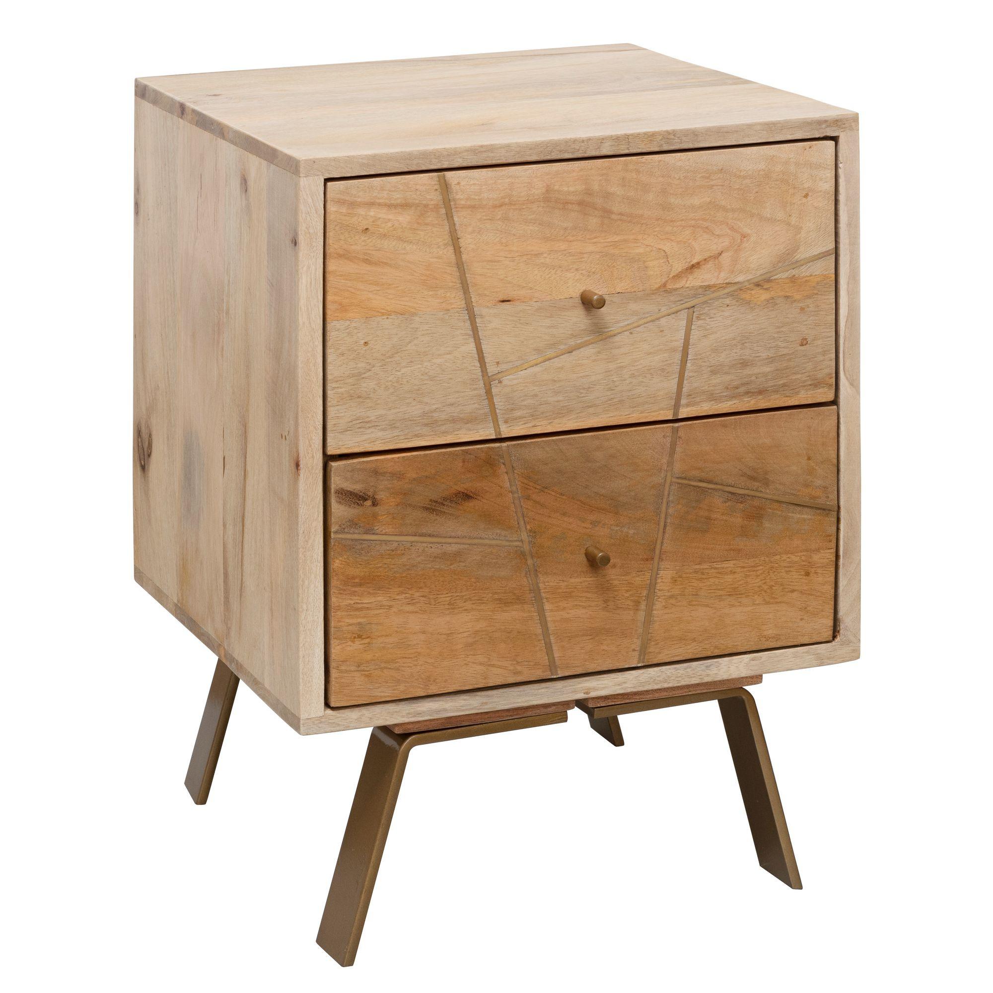 NACHTTISCH – Mango Massivholz, 40x56x40 cm, hoch, 2 Schubladen, Landhausstil - Goldfarben/Braun, Holz/Metall (40/56/40cm) - KADIMA DESIGN