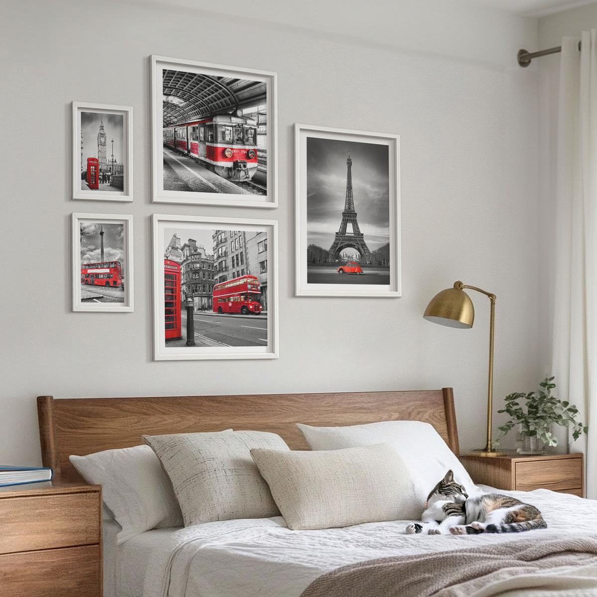 BILDER SET 5er Set - 50x50 cm & 20x30 cm & 40x60 cm Weißer Rahmen - Rote Busse in der Stadt - Weiß, Kunststoff (40/60cm) - TULUP