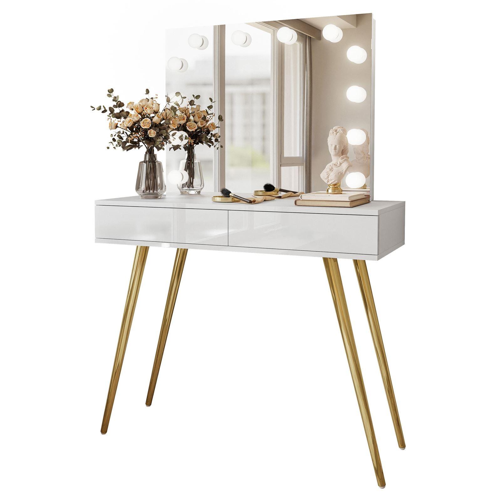 SCHMINKTISCH SIENNA GOLD ELITE mit Spiegel PUSH OPEN - Weiß Hochglanz/Goldfarben, Holzwerkstoff (100/81/42cm)