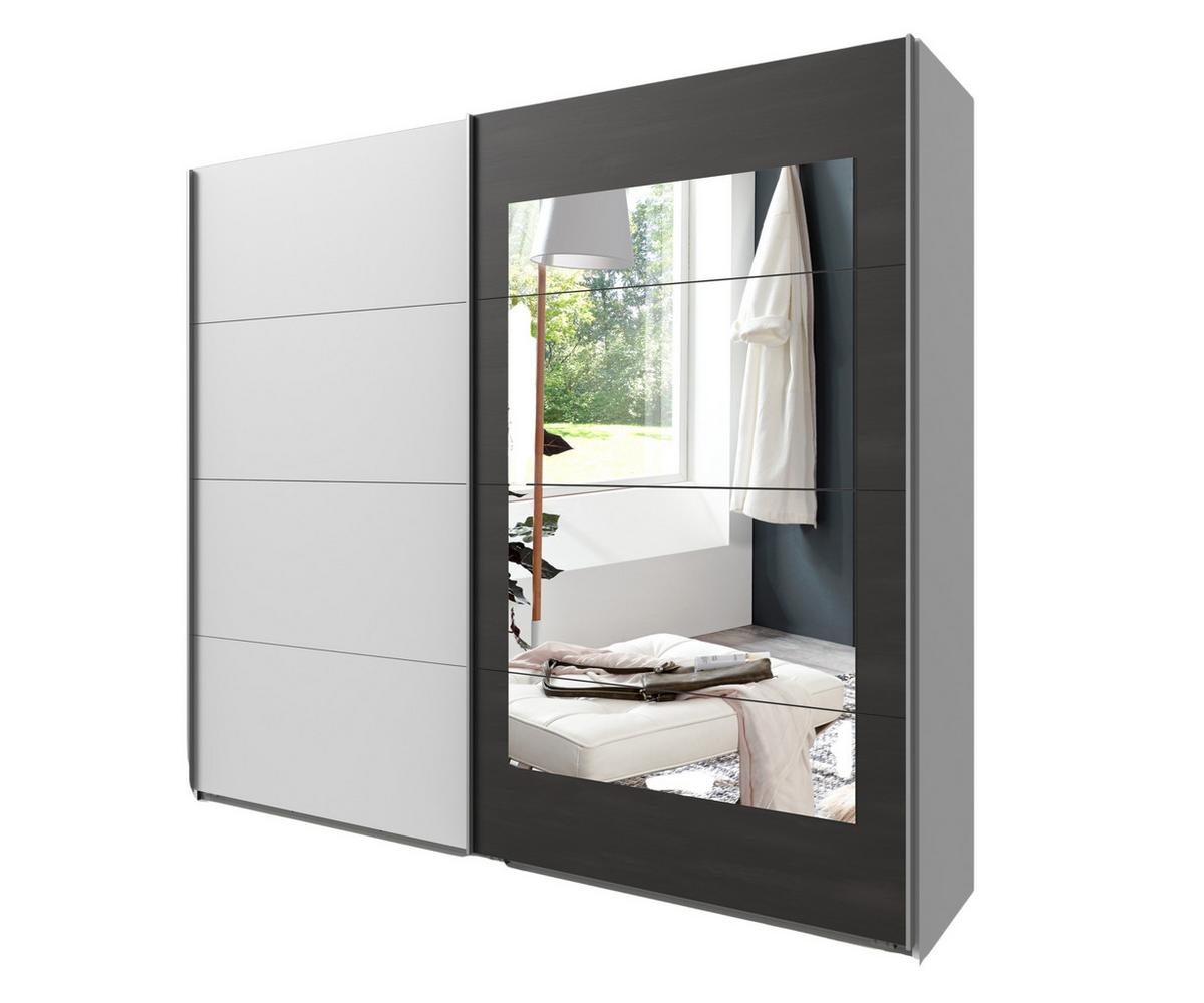 SCHWEBETÜRENSCHRANK 2-türig B225/H208/T65 cm, Kleiderschrank in Weiß mit Rahmenspiegel auf Tür in grauer Stahl-Optik / 22005 - Weiß/Grau, Holzwerkstoff/Metall (225/208/65cm) - luma-home