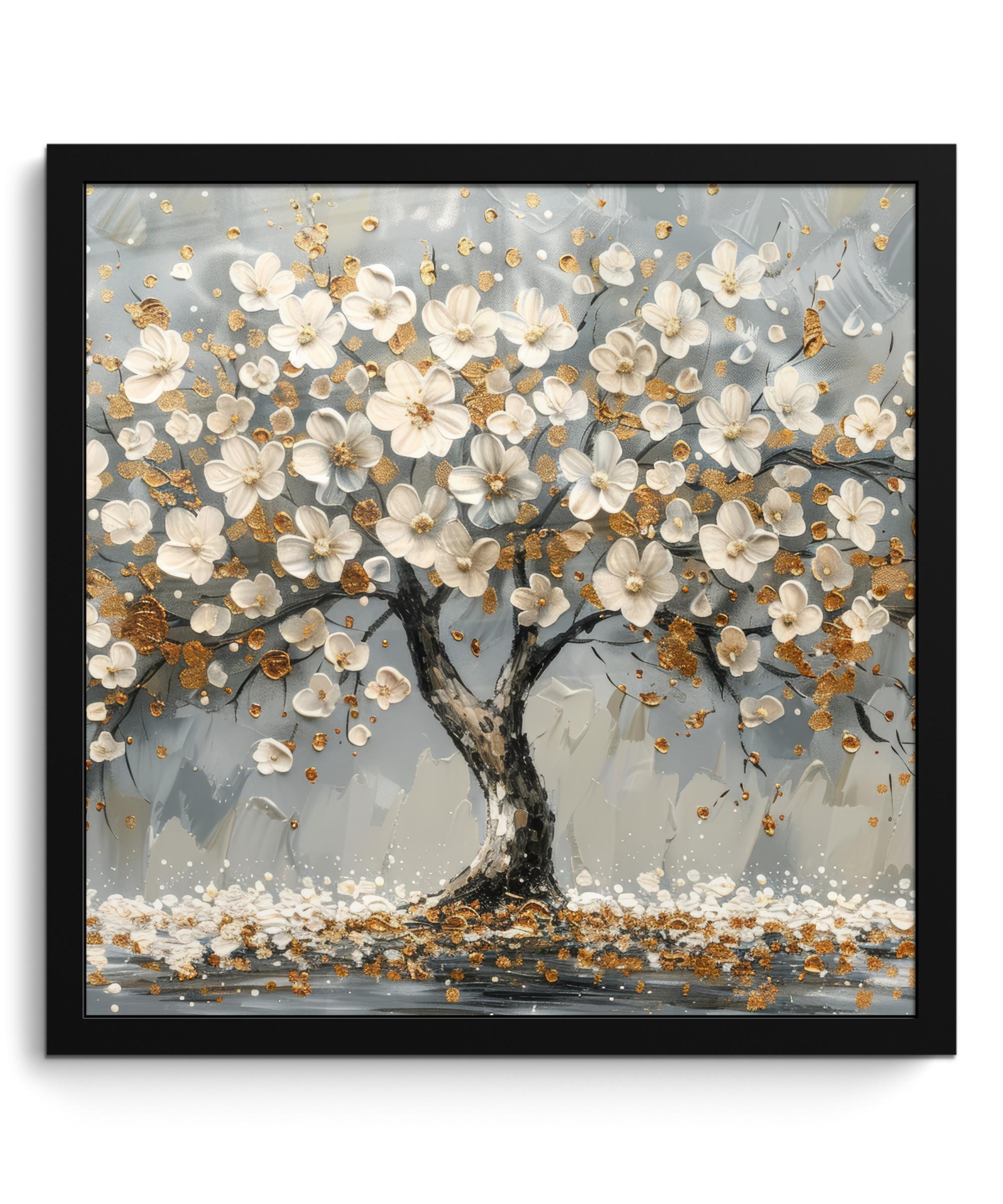 POSTER MIT RAHMEN Baum - Blumen - Weiß - Natur - Kunst 40x40 cm - Weiß, Papier (40/40cm) - MuchoWow