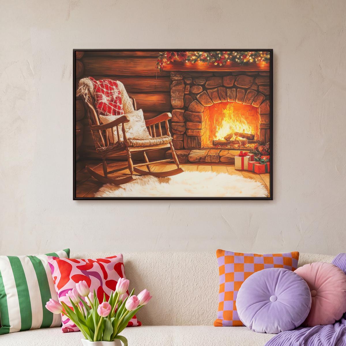 LEINWAND Bilder mit Rahmen - Winter - Weihnachten - Zuhause - Kamin - 70x50 - Bernsteinfarben, Textil (70/50cm) - MuchoWow