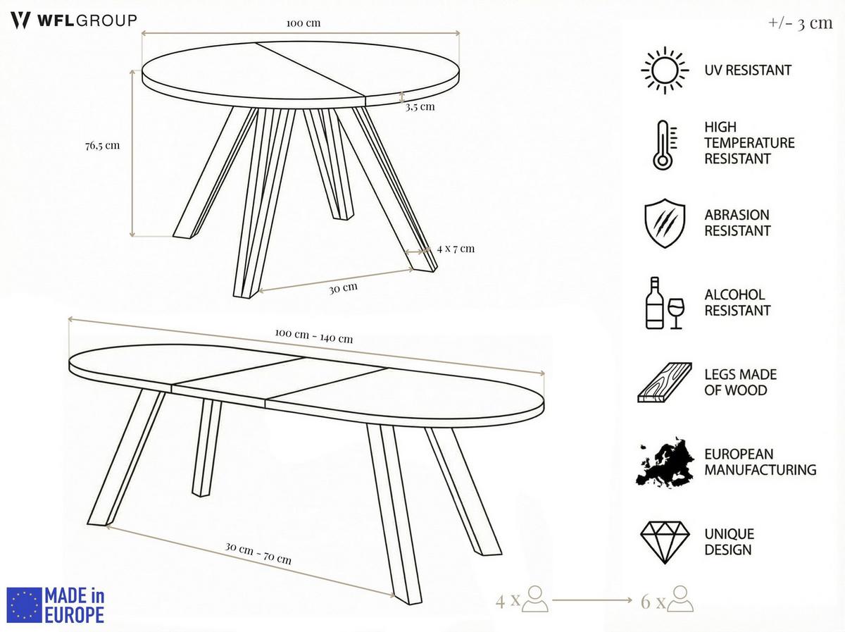 ESSTISCH Ravero runder ausziehbarer, Beton grau 100-140/100/77 cm - Kaschmir/Beige, Holz/Holzwerkstoff (100/140/76.5cm) - WFL GROUP