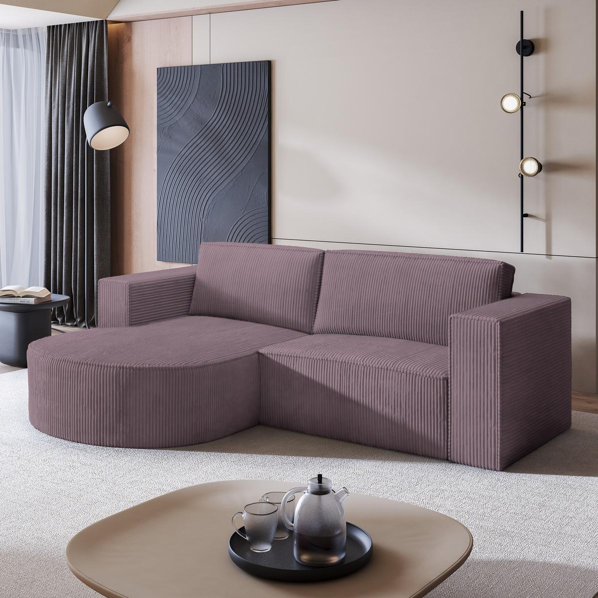 ECKSOFA SORELA P L-S Lila Kordstoff mit Schlaffunktion - Lila, Holz (263/174cm) - MASSENO